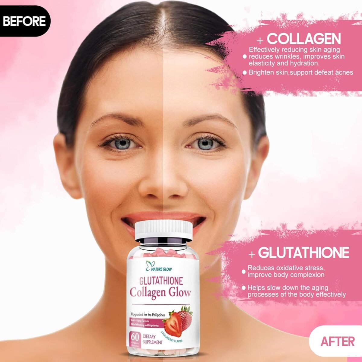 Nature Glow Glutathione Collagen - Strawberry Flavor, 60 Chewable Gummies - Image 5