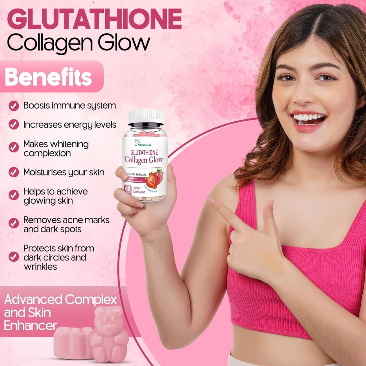 Nature Glow Glutathione Collagen - Strawberry Flavor, 60 Chewable Gummies - Image 4