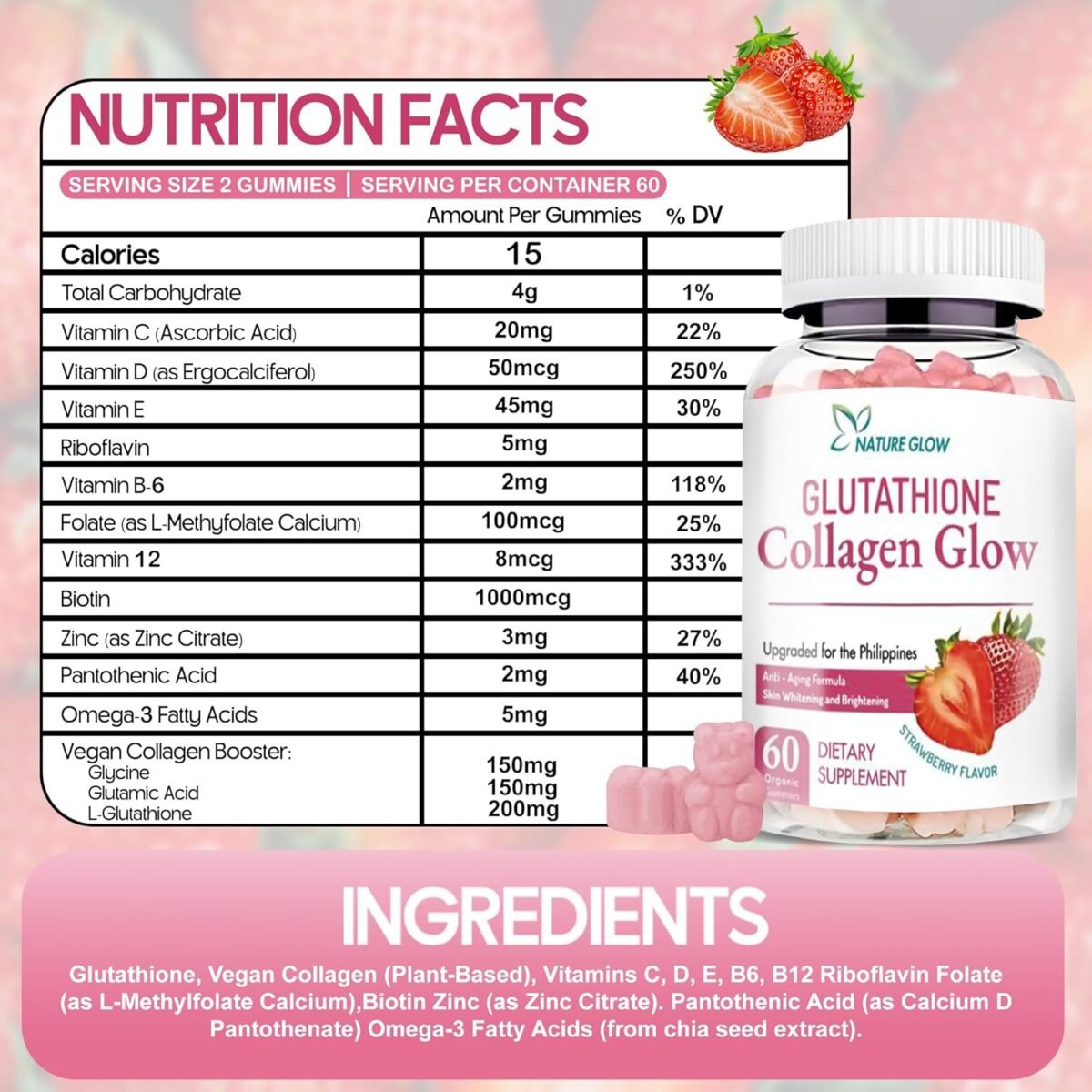 Nature Glow Glutathione Collagen - Strawberry Flavor, 60 Chewable Gummies - Image 6